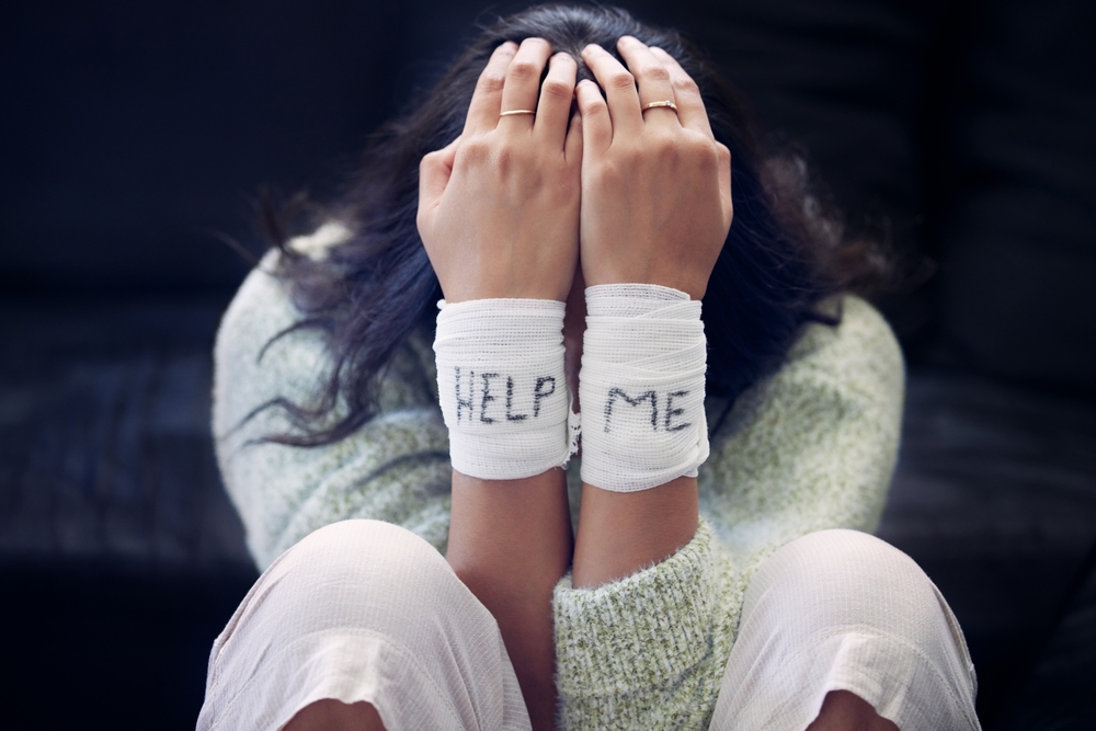Wrist,,Depression,And,Woman,With,Help,On,Bandage,For,Suicide, self harm