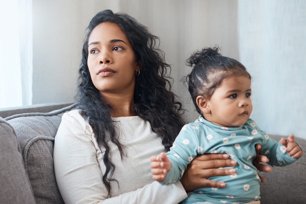 Mental,Health,,Mother,With,Her,Baby,And,On,Sofa,Waiting postpartum